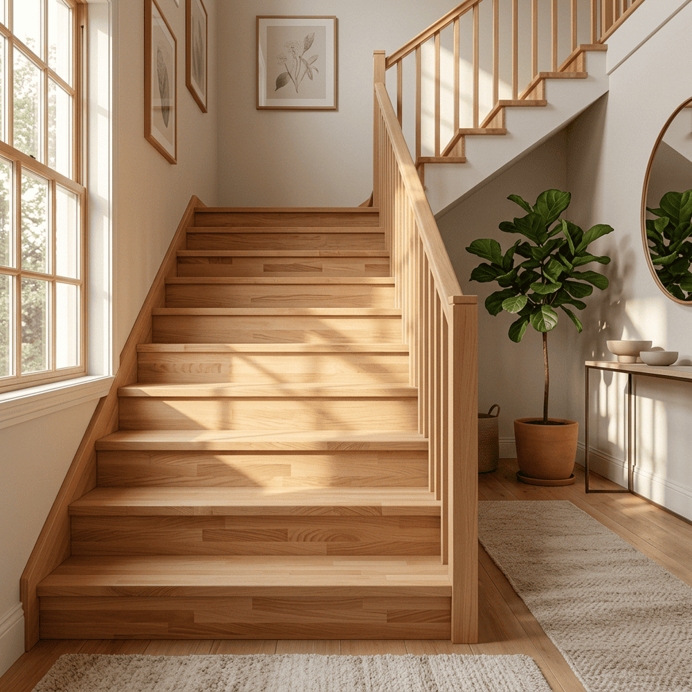 A warm, cozy hallway in a family home featuring a solid, light wooden beech staircase 879819